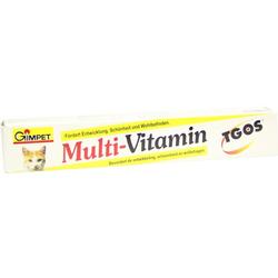 Eine Verpackung von Gimpet Multi-Vitamin für Katzen mit Text zur Förderung der Gesundheit.