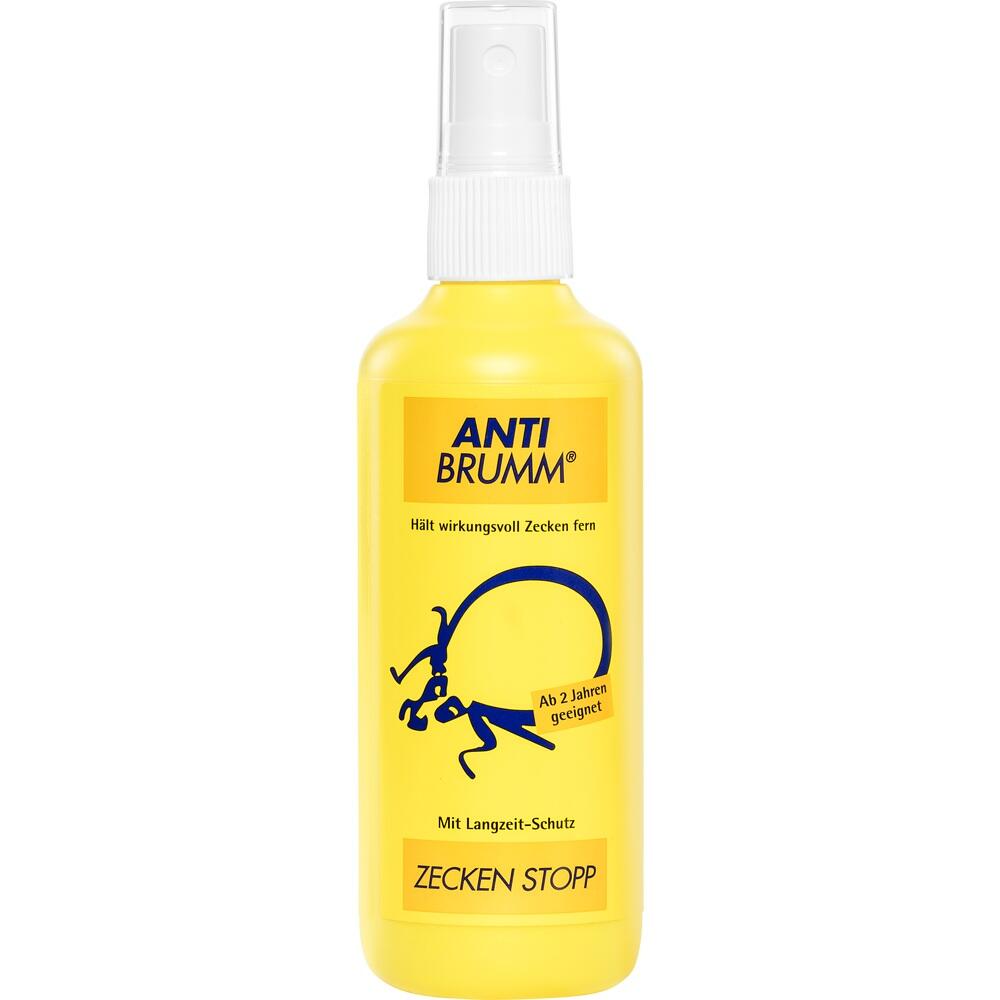 Gelbe Sprühflasche mit Aufschrift "Anti Brumm Zecken Stopp".