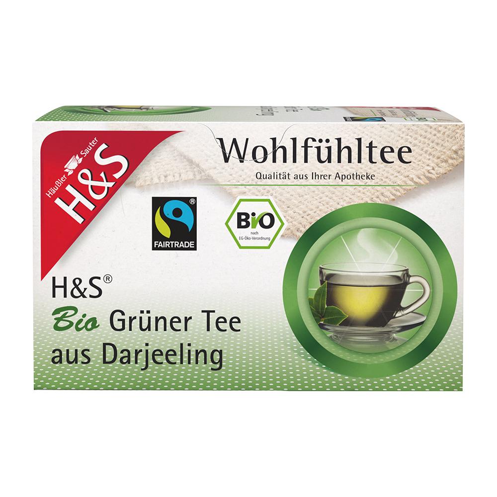 Verpackung von H&S Bio Grüntee aus Darjeeling mit Fairtrade-Siegel.
